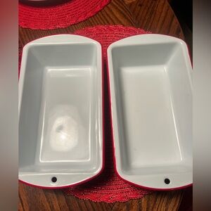 2 Red and White Ceramic Baking Dishes, 9 x 5
